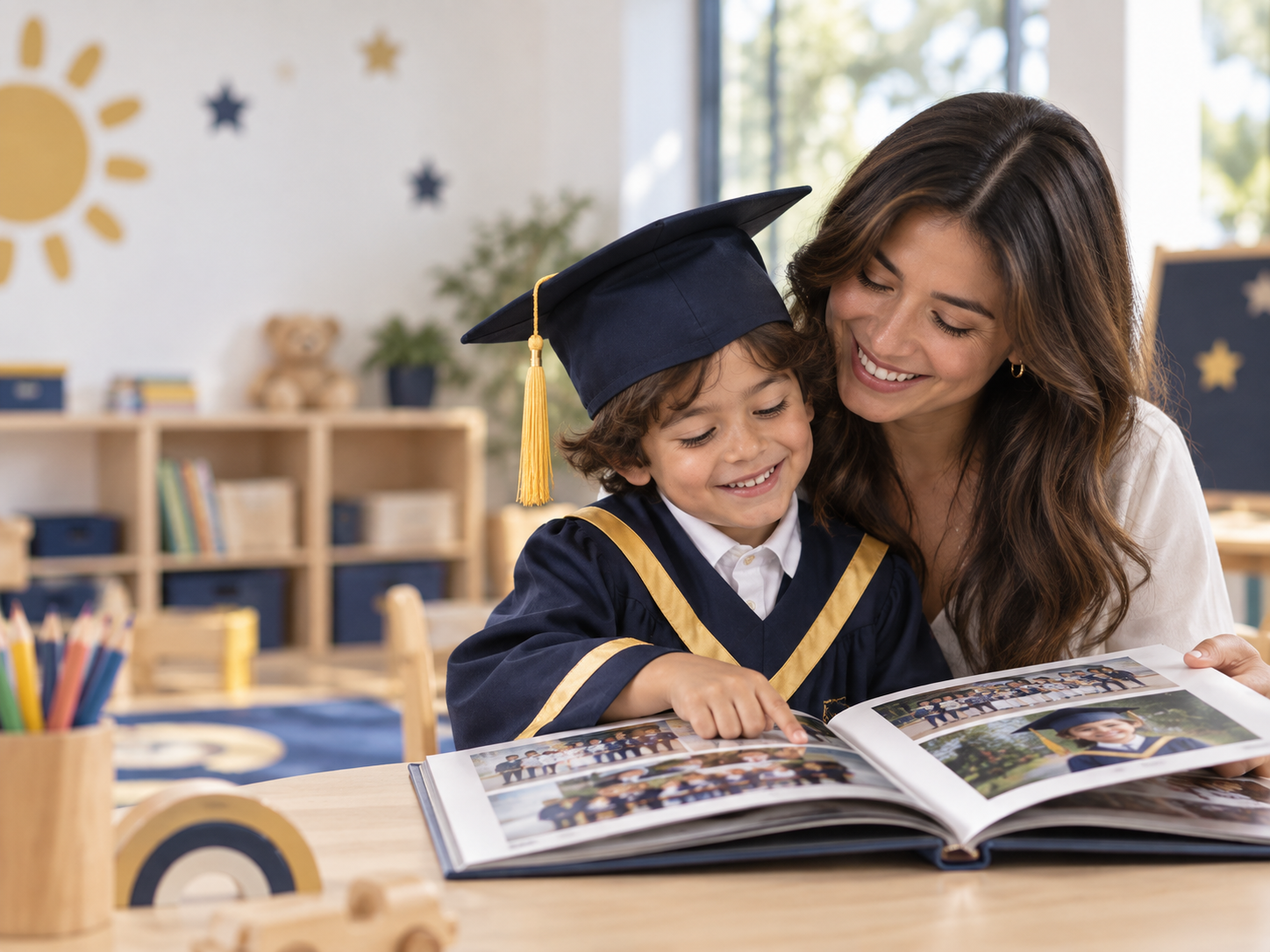 Diseño editorial de anuario escolar con retratos y páginas interiores